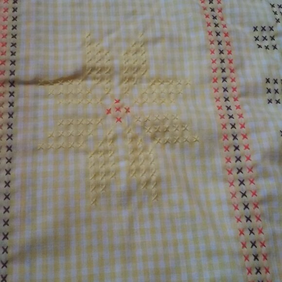 Vintage Embroidered Tablecloth Light Yellow 44" x 94" with Orange Brown Yellow - Picture 6 of 6